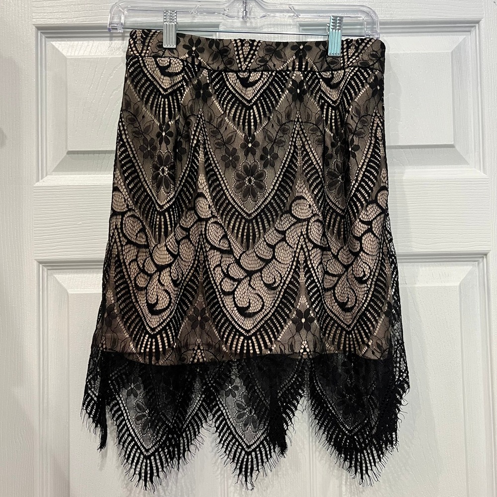 Lulus Mini Skirt Black Lace Nude Lining Eyelash Hem Gothic Whimsigoth Coquette M